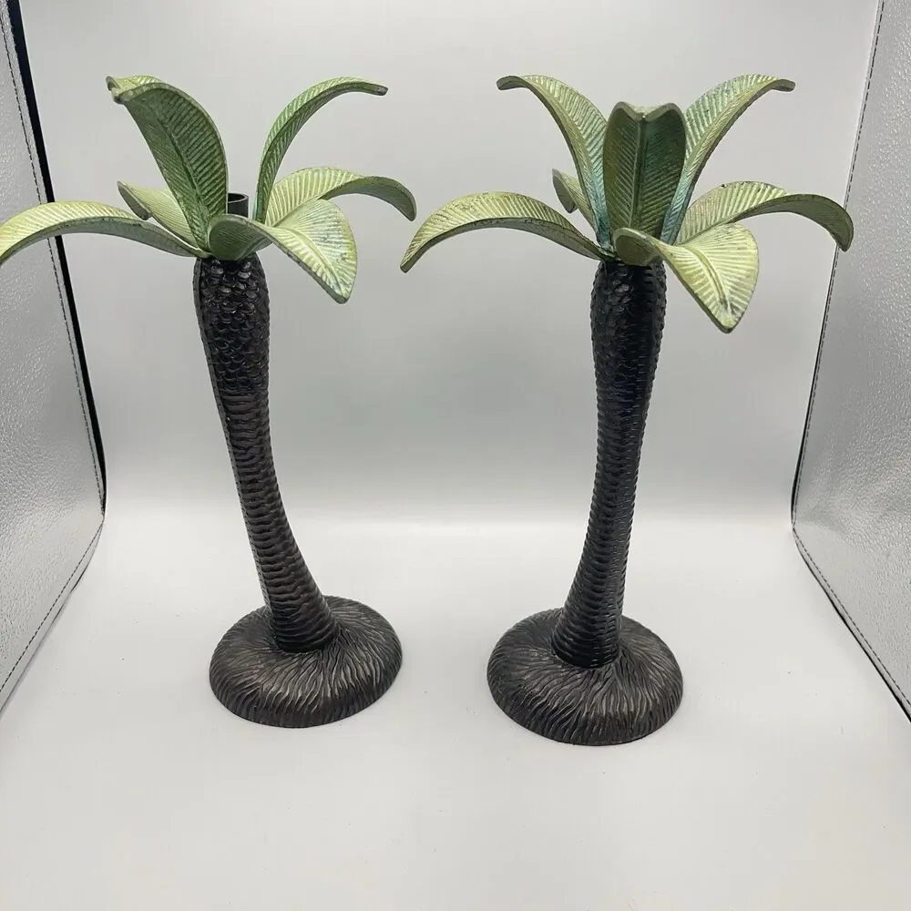 Set of 2 Tommy Bahama Solid Brass Palm Tree Candle Stick Holders 13